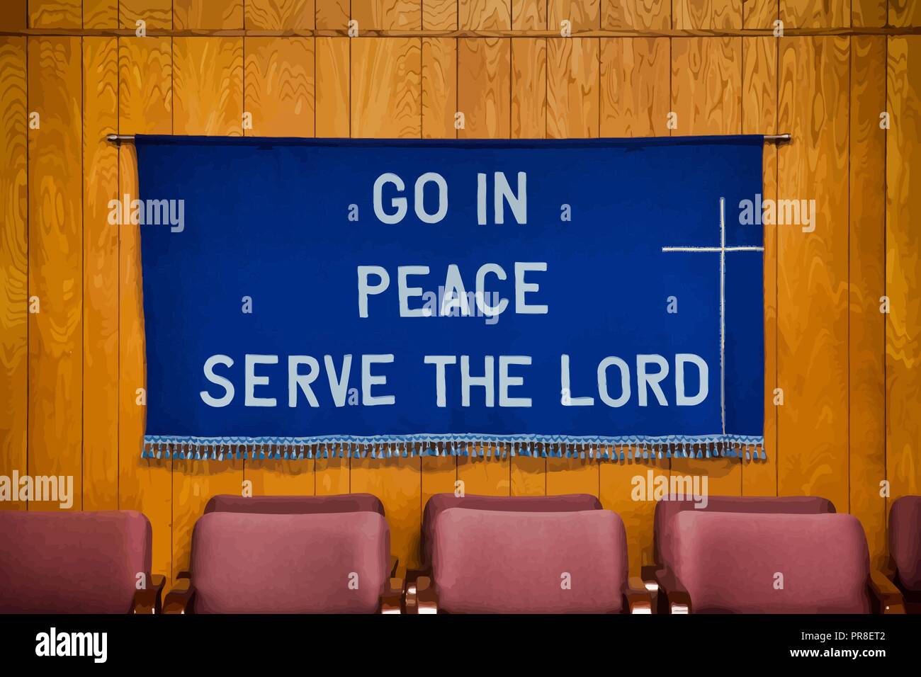 `Go in Peace Serve the Lord` written on Dark Blue Cloth with white cross on the right side, tassels all along the bottom of the cloth. Stock Vector